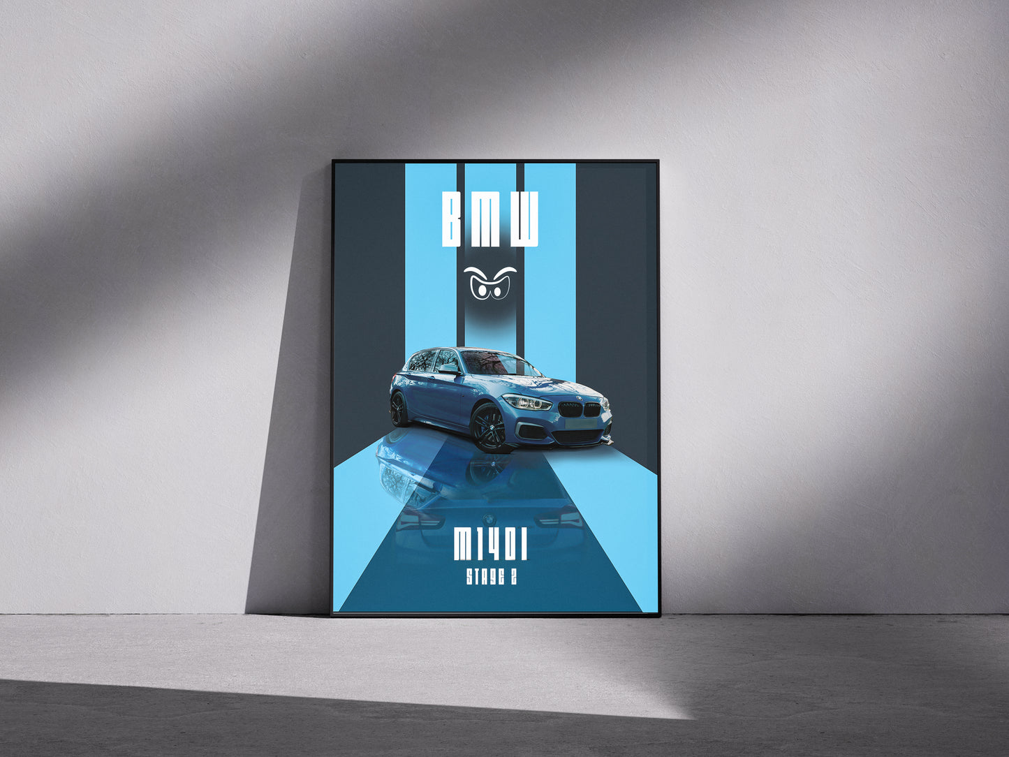 Blue reflective BMW white eyes Premium Semi-Glossy Paper Wooden Framed Poster