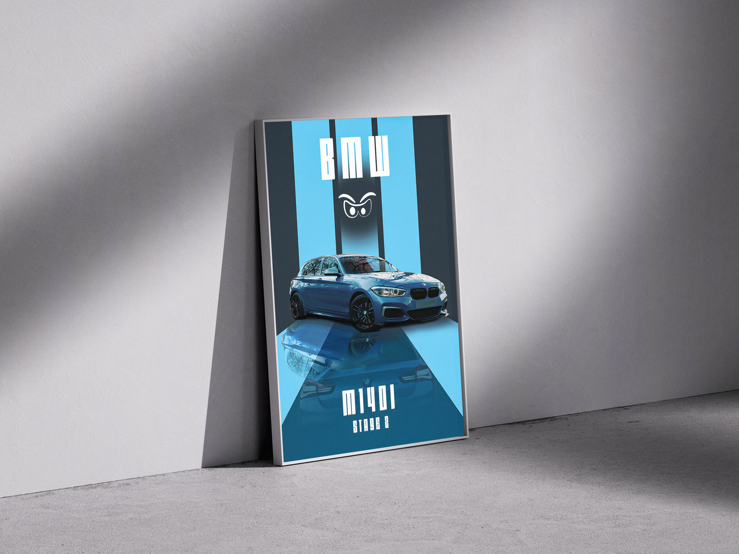 Blue reflective BMW white eyes Premium Semi-Glossy Paper Wooden Framed Poster