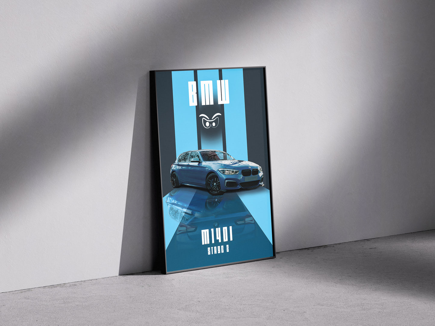 Blue reflective BMW white eyes Premium Semi-Glossy Paper Wooden Framed Poster