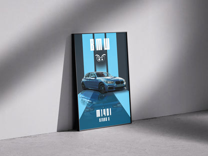 Blue reflective BMW white eyes Premium Semi-Glossy Paper Wooden Framed Poster