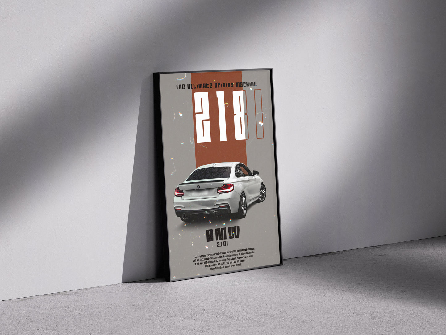 White BMW 218i Premium Semi-Glossy Paper Wooden Framed Poster