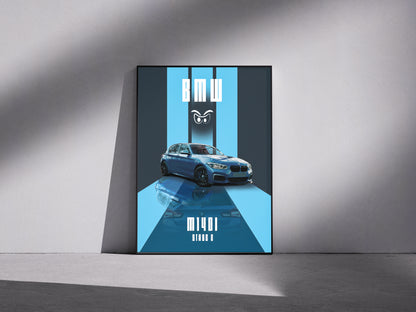 Blue reflective BMW white eyes Premium Semi-Glossy Paper Wooden Framed Poster