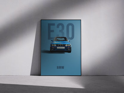 BMW E30 classic blue vintage Framed photo paper poster