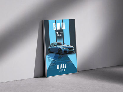 Blue reflective BMW white eyes Premium Semi-Glossy Paper Wooden Framed Poster