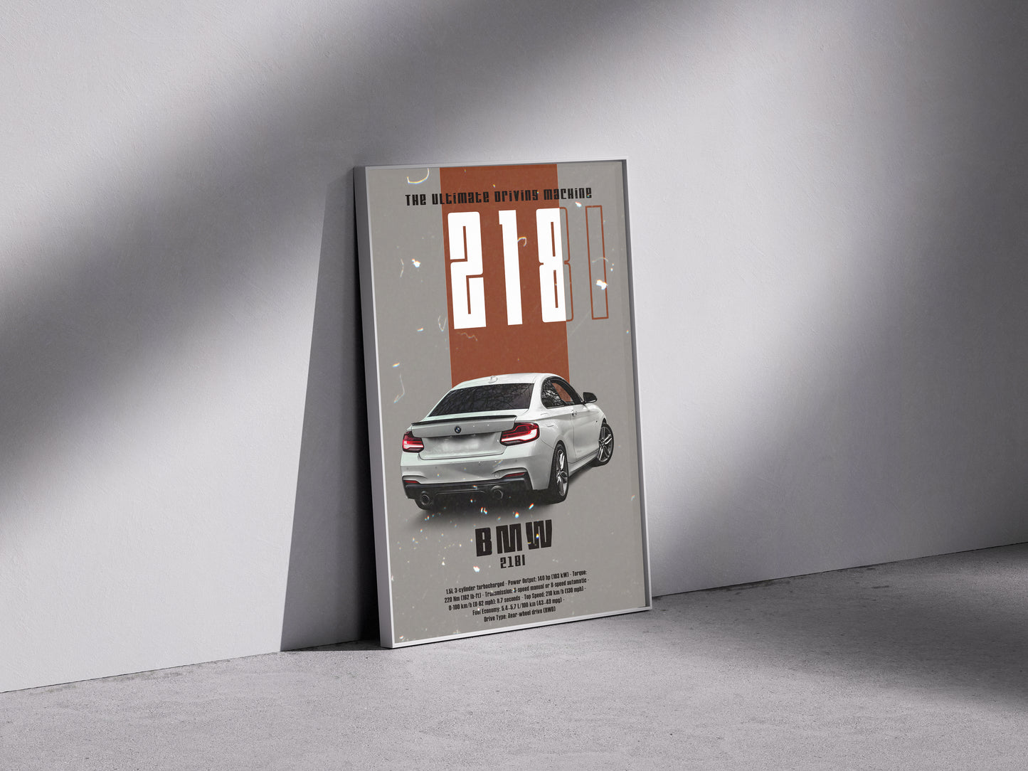 White BMW 218i Premium Semi-Glossy Paper Wooden Framed Poster